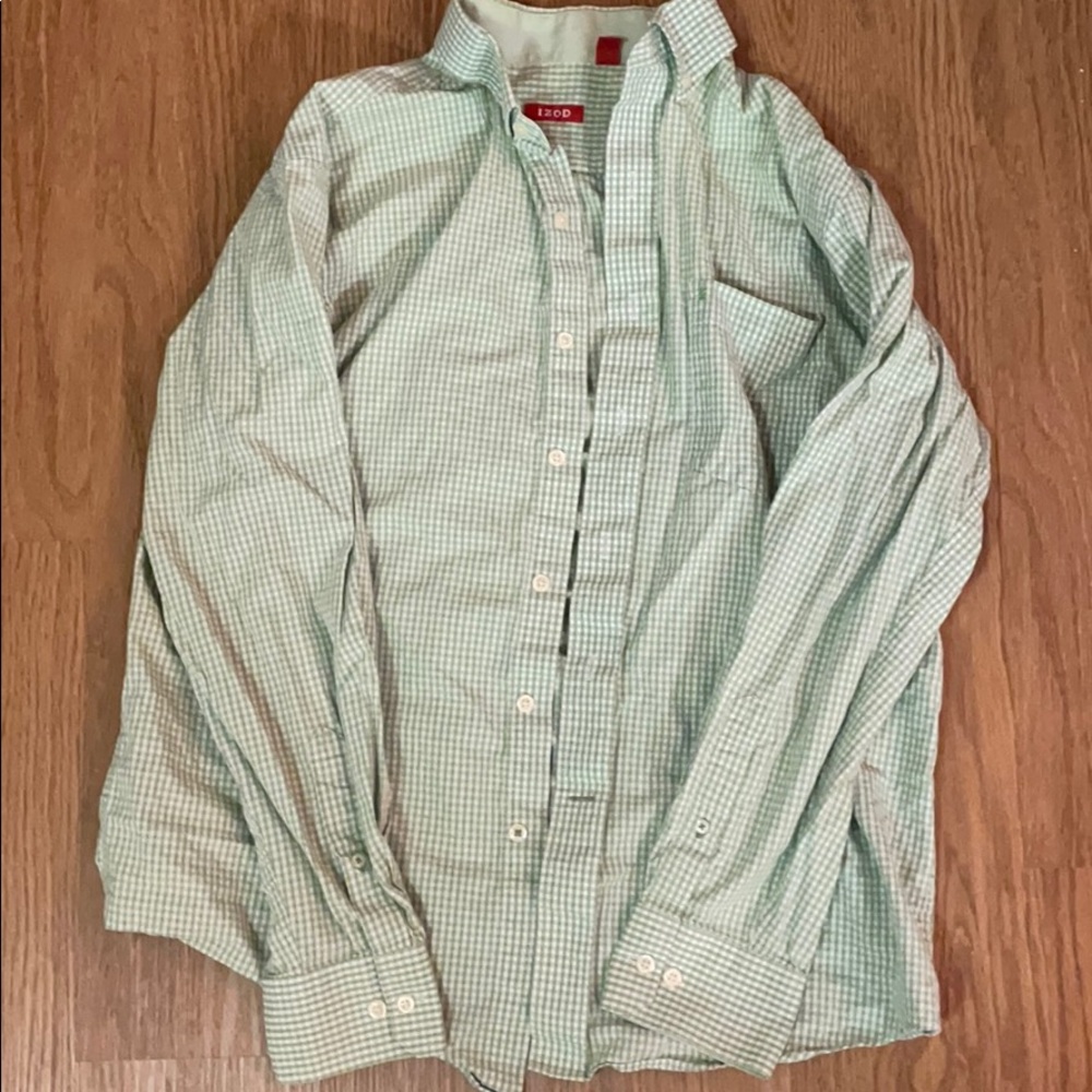 IZOD button down shirt green and white plaid